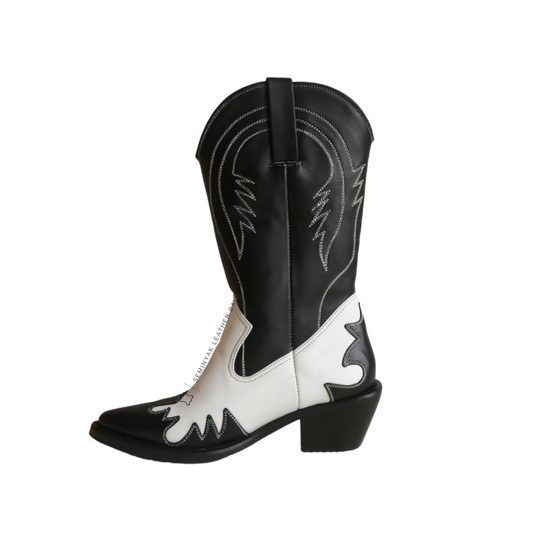 a pair of FREYA cowboy boots in black and white color from side, the  boots is calf high made of genuine sheep leather upper, leather sole, and 5 cm wooden heels