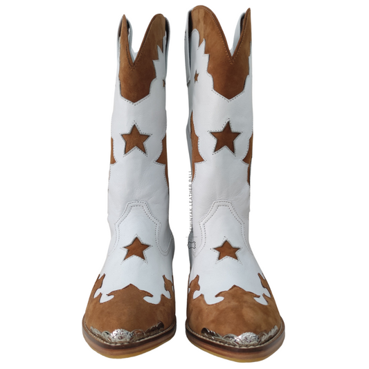 a pair of LUNA cowboy boots in white leather and tan suede color, the  boots is calf high made of genuine sheep leather upper, leather sole, and 5 cm wooden heels
