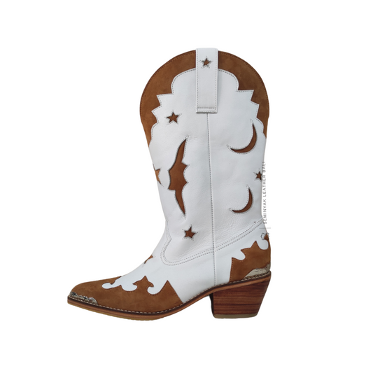 a pair of LUNA cowboy boots in white leather and tan suede color, the  boots is calf high made of genuine sheep leather upper, leather sole, and 5 cm wooden heels